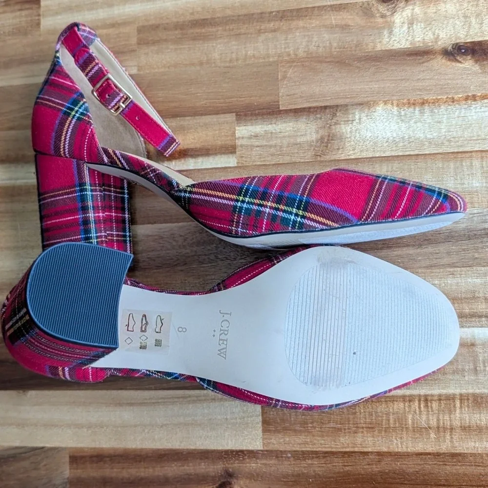 J.Crew Womens Red Plaid Tartan Block Heel Ankle Strap Pumps Size 8